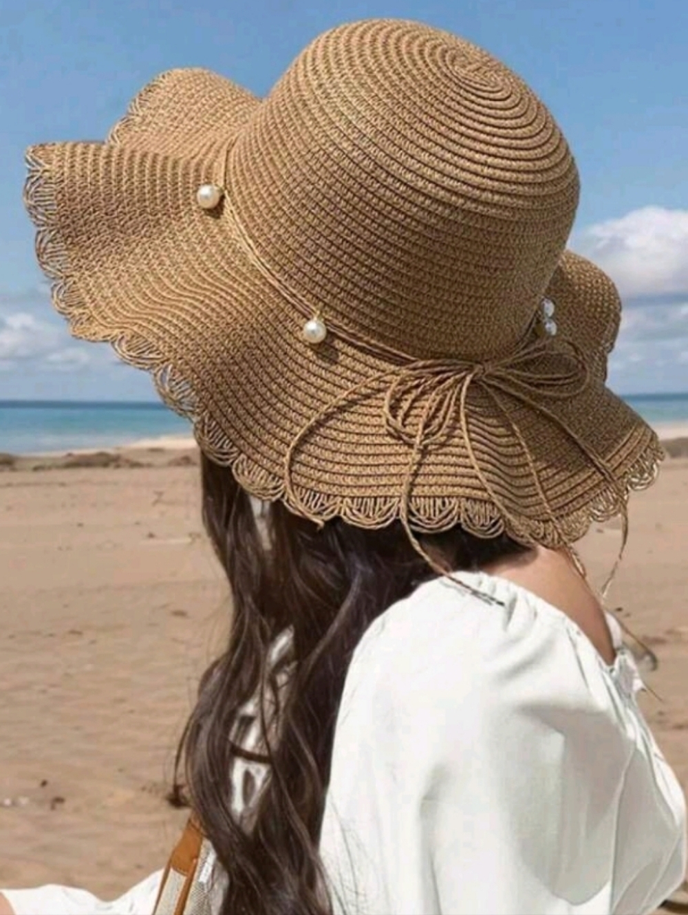 Brown Raffia Woven Straw Sun Foldable Hat with Bowknot And Pearl Accents